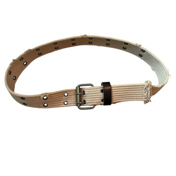 Vintage 90's Grunge Distressed Double Grommet Canvas Belt Beige - Picture 7 of 7